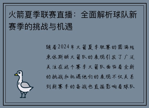 火箭夏季联赛直播：全面解析球队新赛季的挑战与机遇